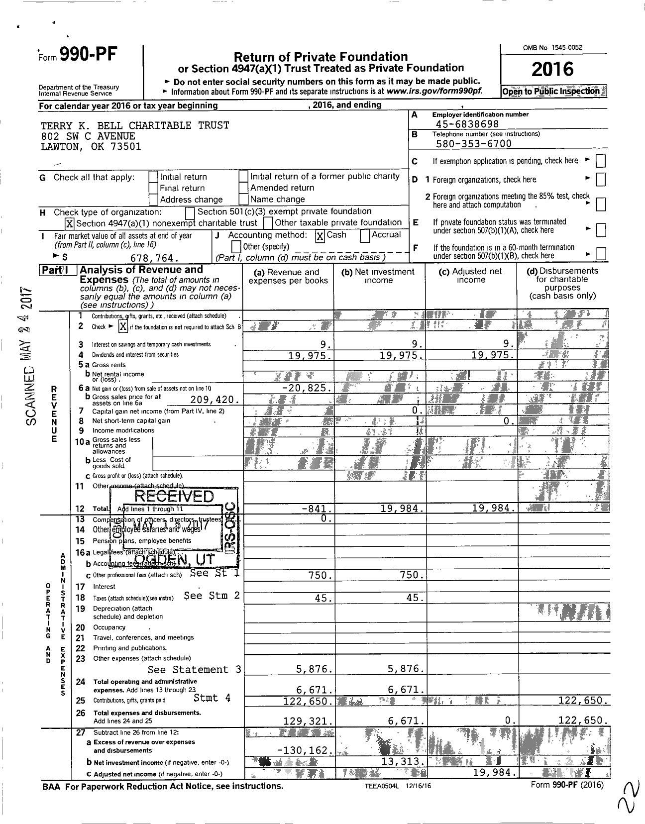 Image of first page of 2016 Form 990PF for Terry K Bell Charitable Trust