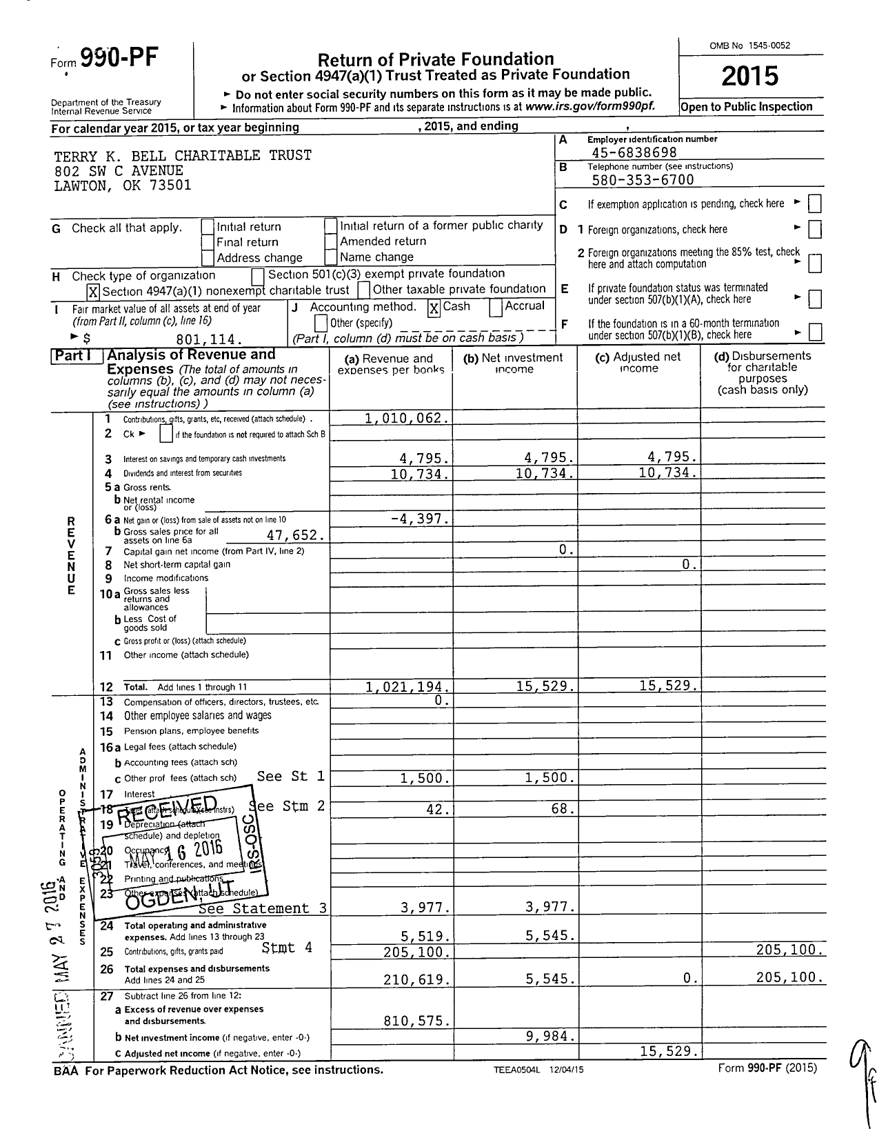 Image of first page of 2015 Form 990PF for Terry K Bell Charitable Trust