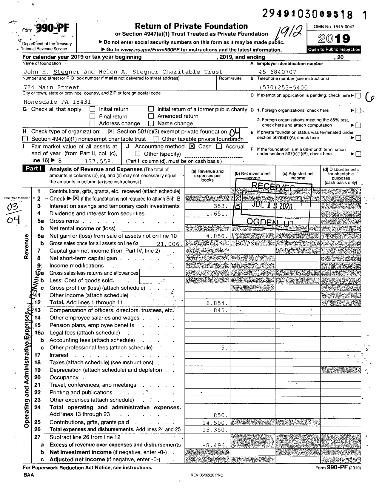 Image of first page of 2019 Form 990PF for John H Stegner and Helen A Stegner Charitable