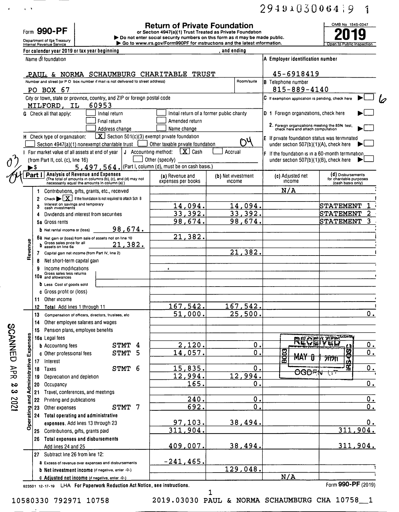 Image of first page of 2019 Form 990PF for Paul and Norma Schaumburg Charitable