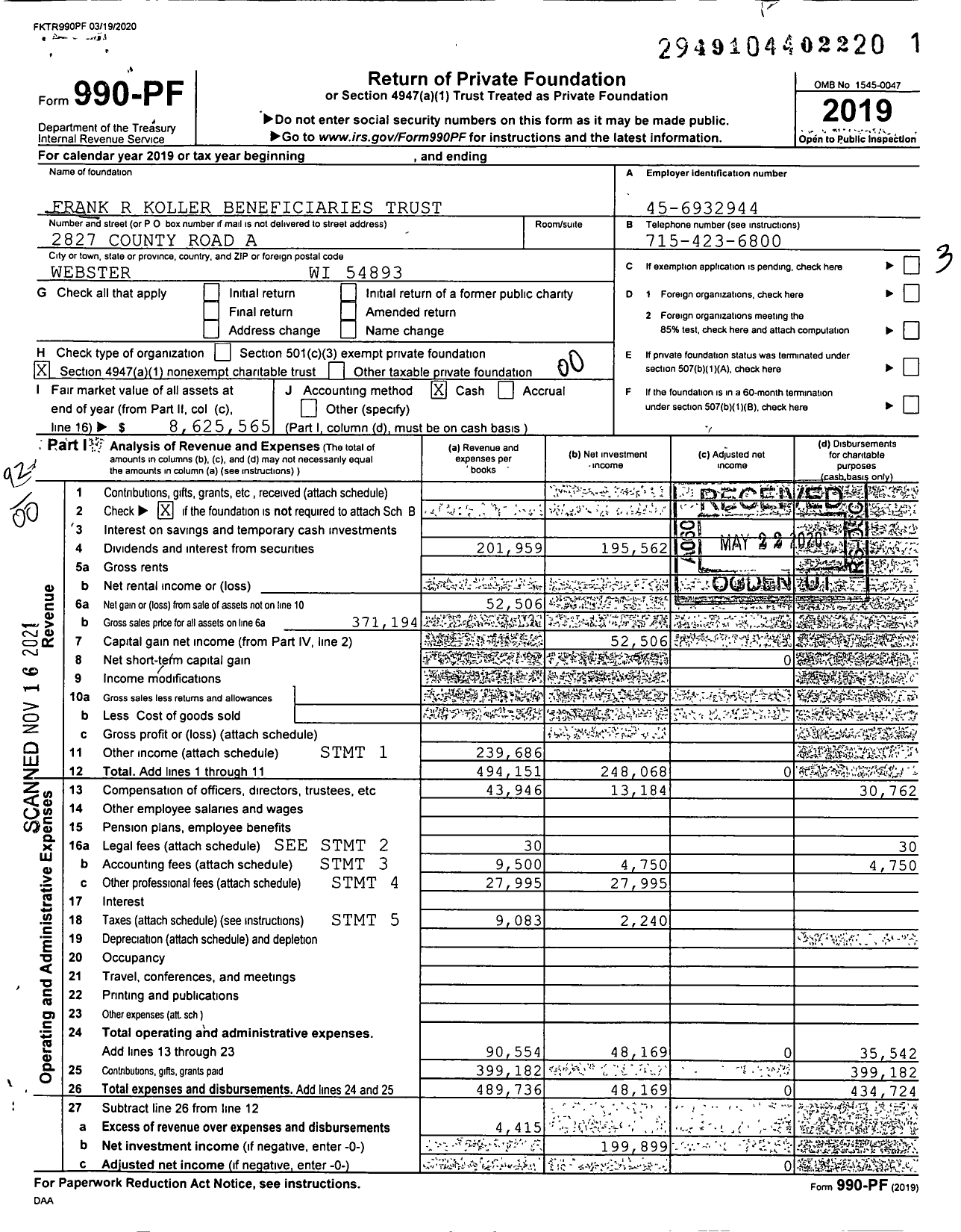 Image of first page of 2019 Form 990PF for Frank R Koller Beneficiaries Trust