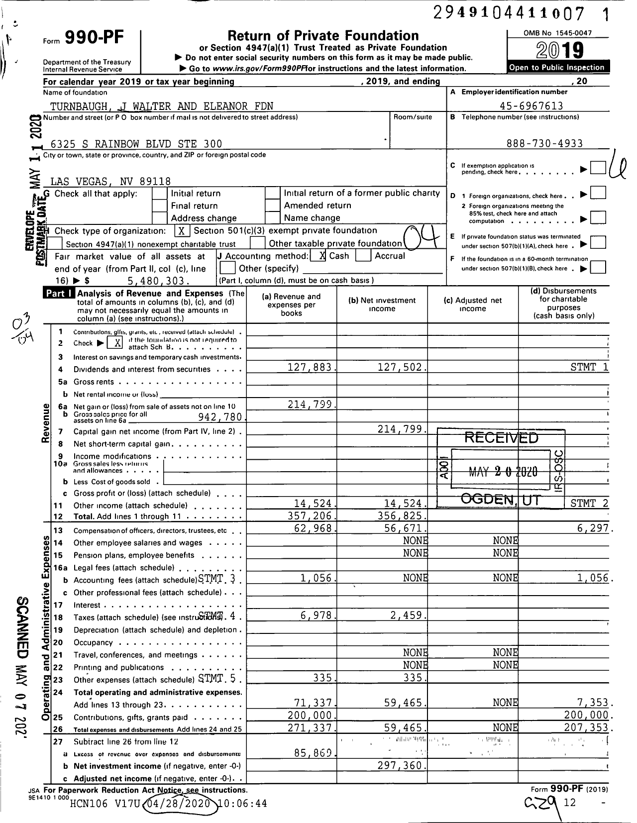 Image of first page of 2019 Form 990PF for Turnbaugh J Walter and Eleanor Foundation