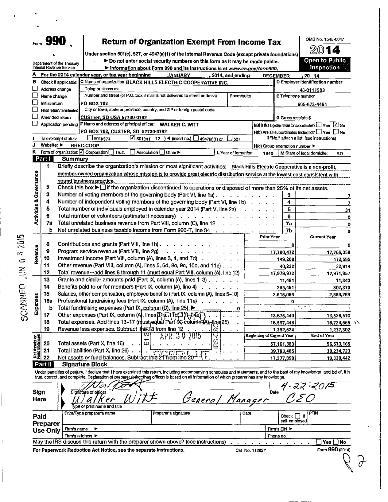 Image of first page of 2014 Form 990O for Black Hills Electric Cooperative
