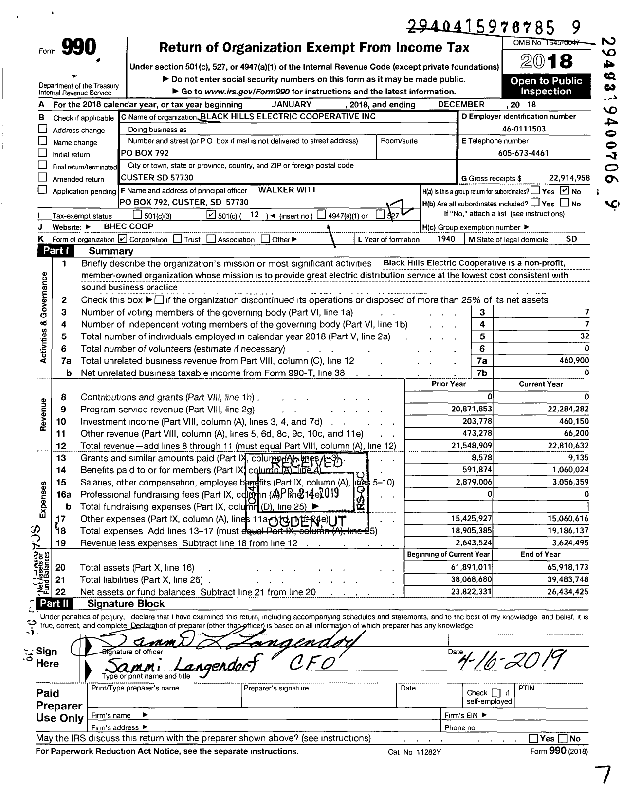 Image of first page of 2018 Form 990O for Black Hills Electric Cooperative