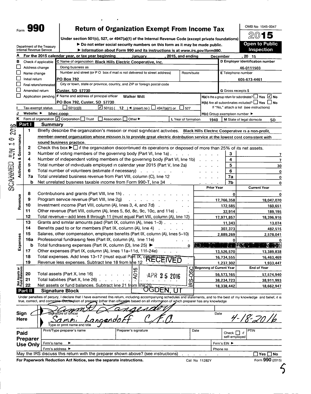 Image of first page of 2015 Form 990O for Black Hills Electric Cooperative