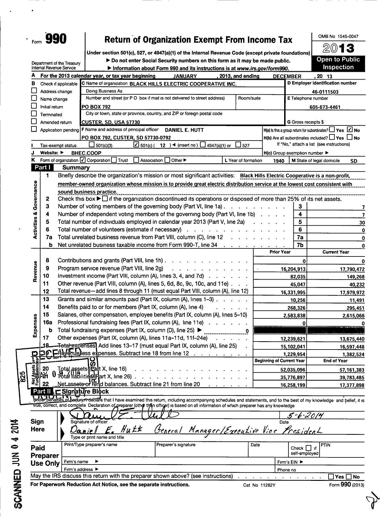 Image of first page of 2013 Form 990O for Black Hills Electric Cooperative