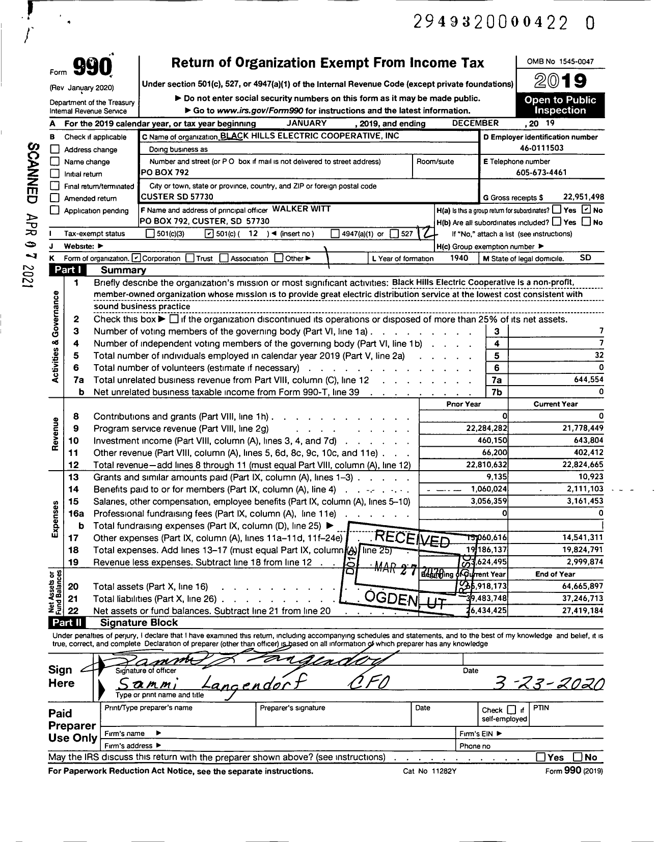 Image of first page of 2019 Form 990O for Black Hills Electric Cooperative