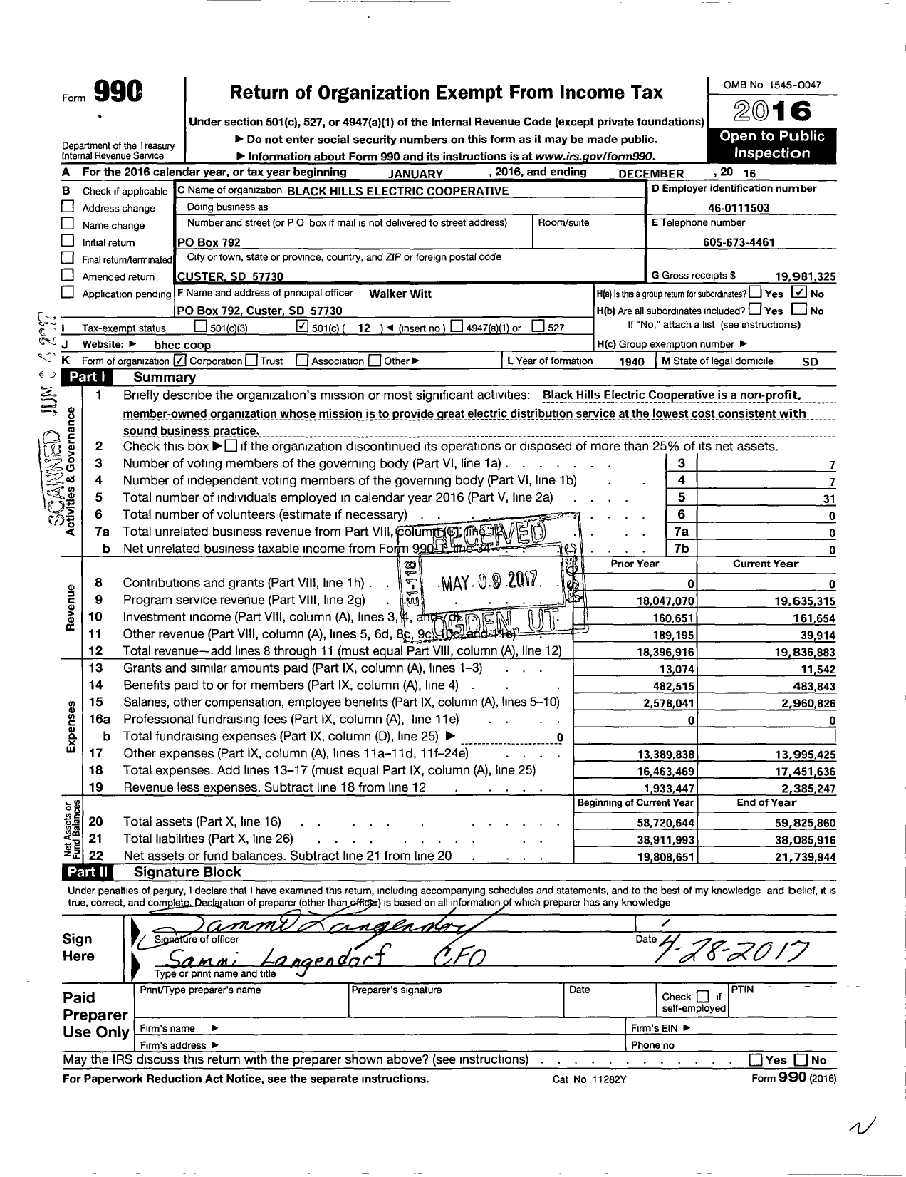 Image of first page of 2016 Form 990O for Black Hills Electric Cooperative