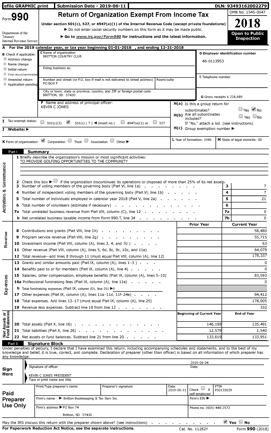 Image of first page of 2018 Form 990 for Britton Country Club