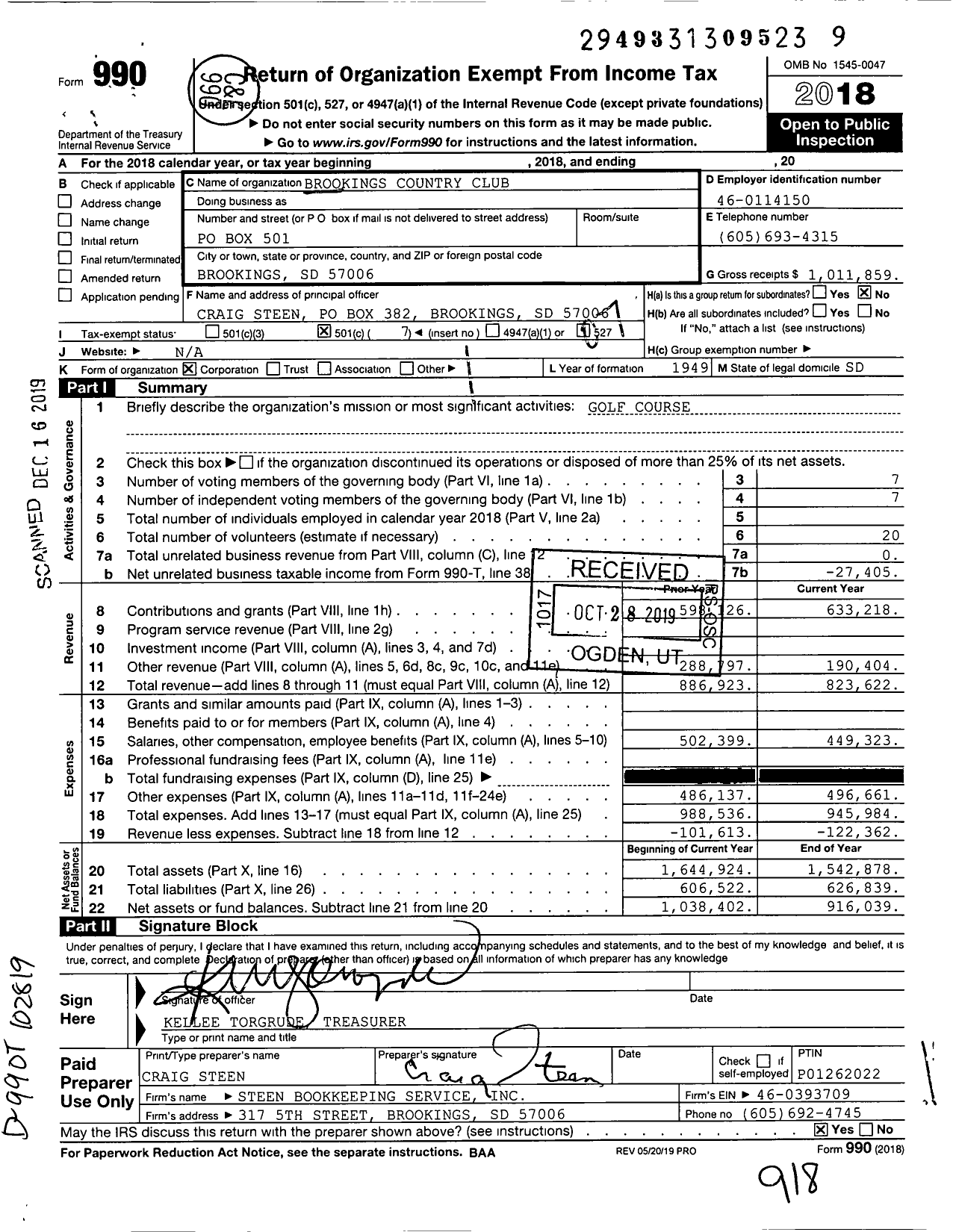 Image of first page of 2018 Form 990O for Brookings Country Club