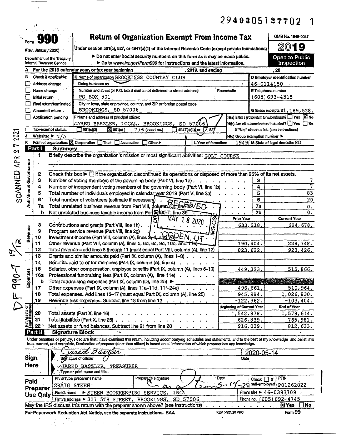 Image of first page of 2019 Form 990O for Brookings Country Club