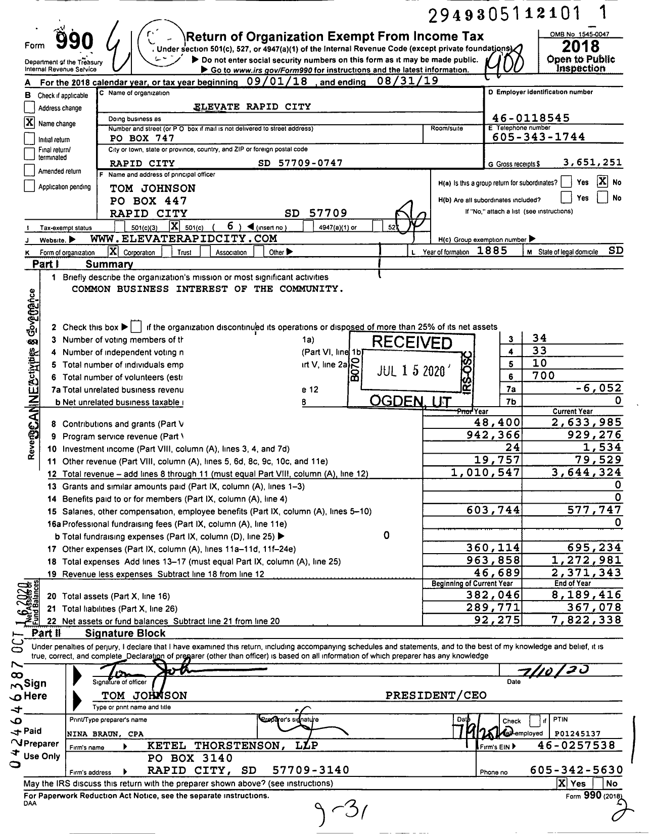 Image of first page of 2018 Form 990O for Rapid City Area Chamber of Commerce