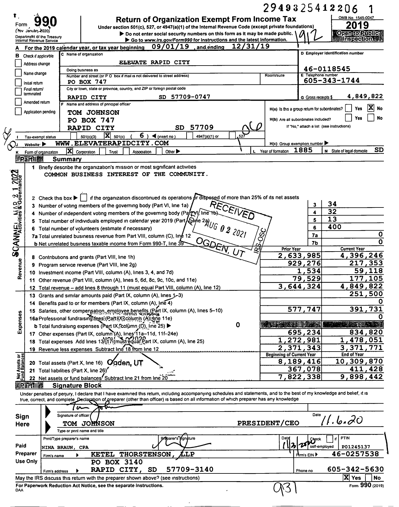 Image of first page of 2019 Form 990O for Elevate Rapid City