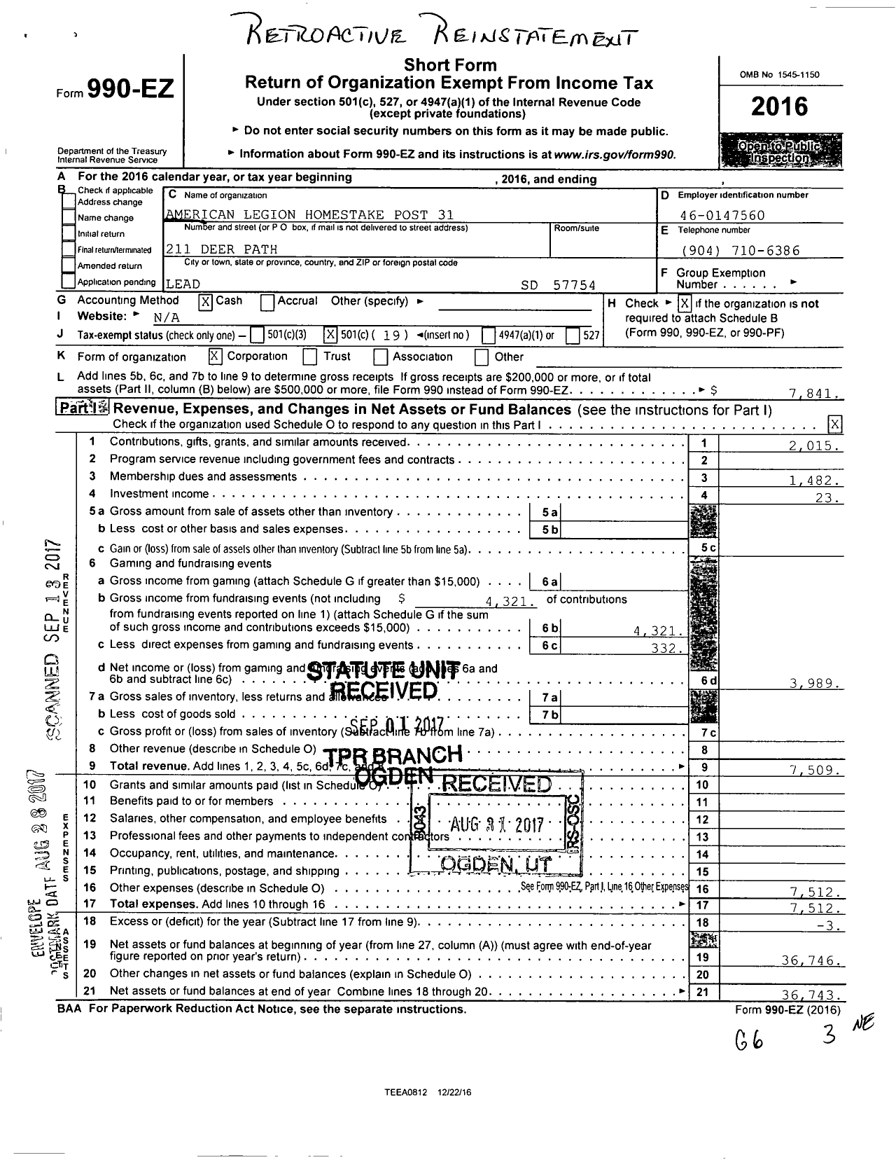 Image of first page of 2016 Form 990EO for American Legion