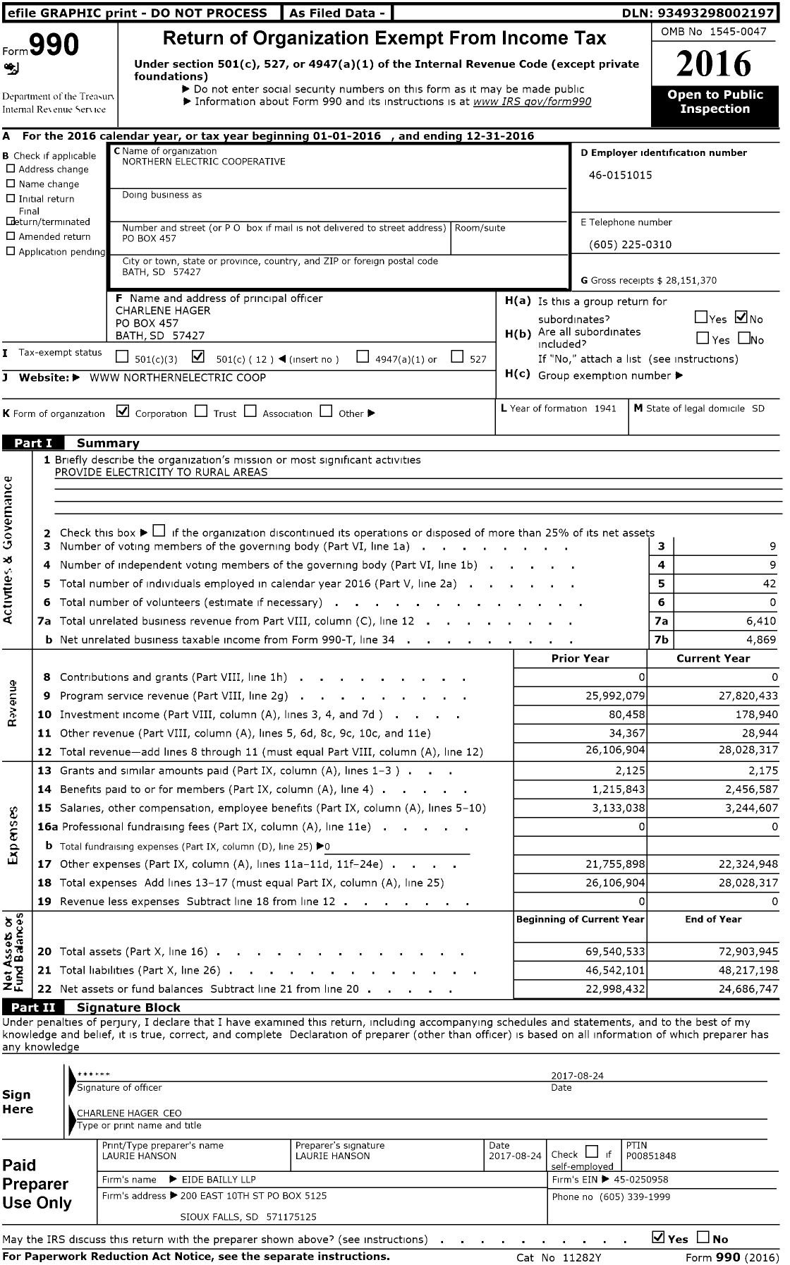 Image of first page of 2016 Form 990O for Northern Electric Cooperative