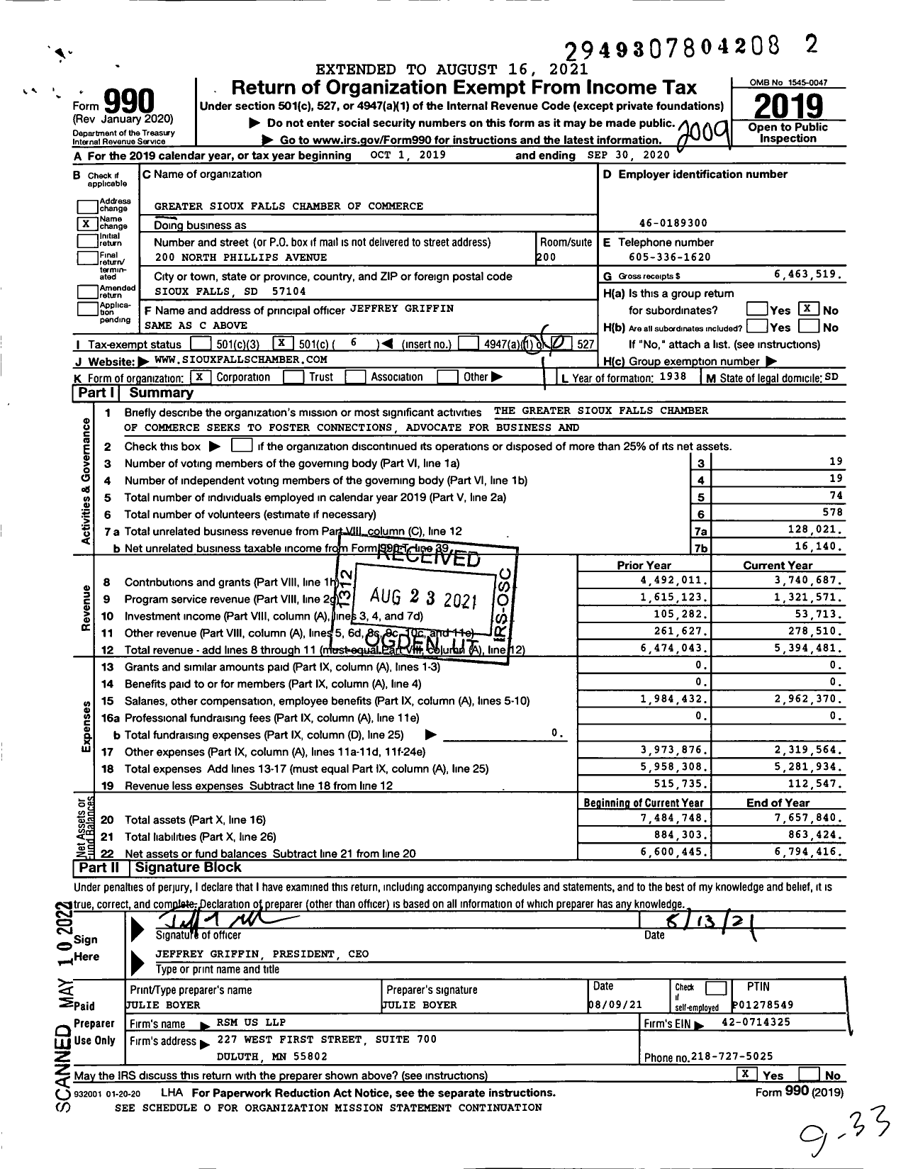 Image of first page of 2019 Form 990O for Greater Sioux Falls Chamber of Commerce