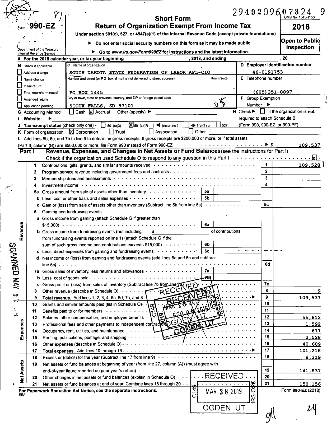 Image of first page of 2018 Form 990EO for AFL-CIO - South Dakota AFL-CIO