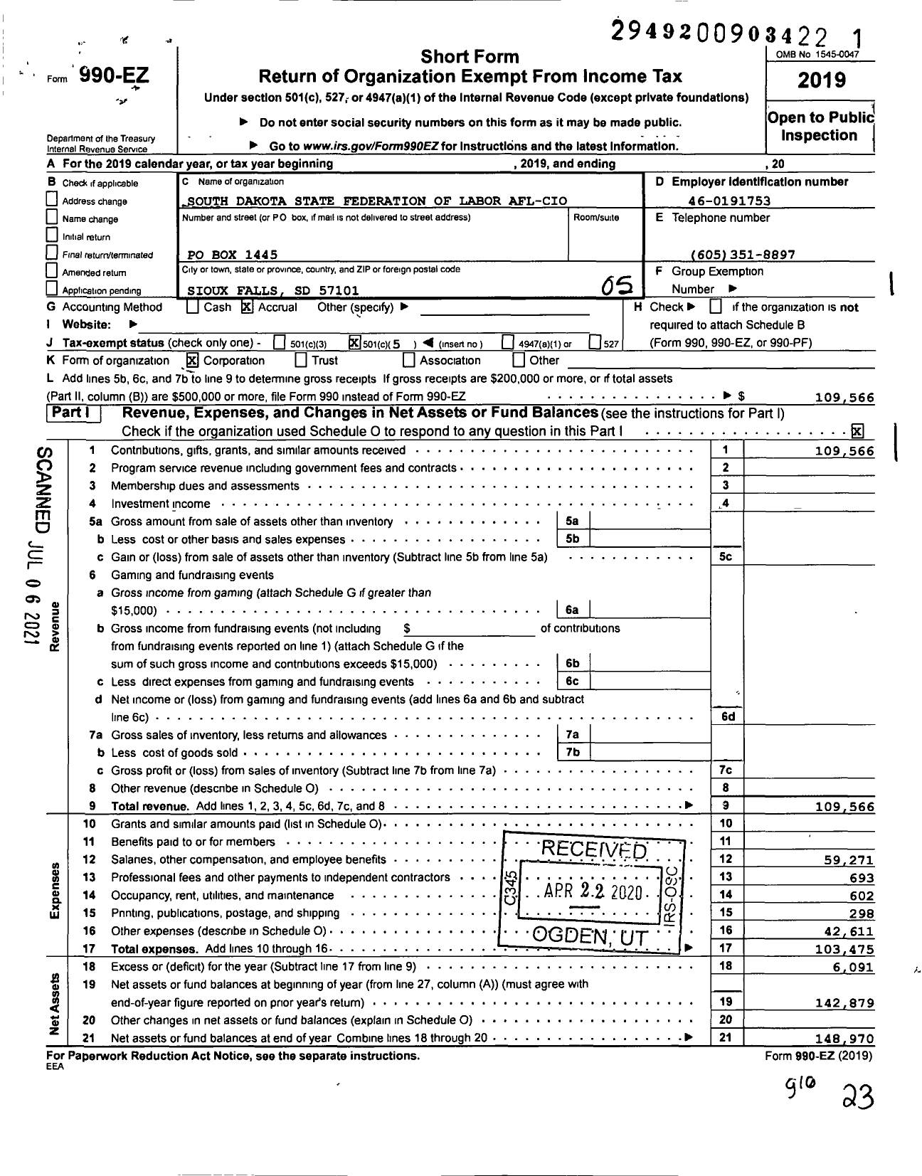 Image of first page of 2019 Form 990EO for AFL-CIO - South Dakota AFL-CIO