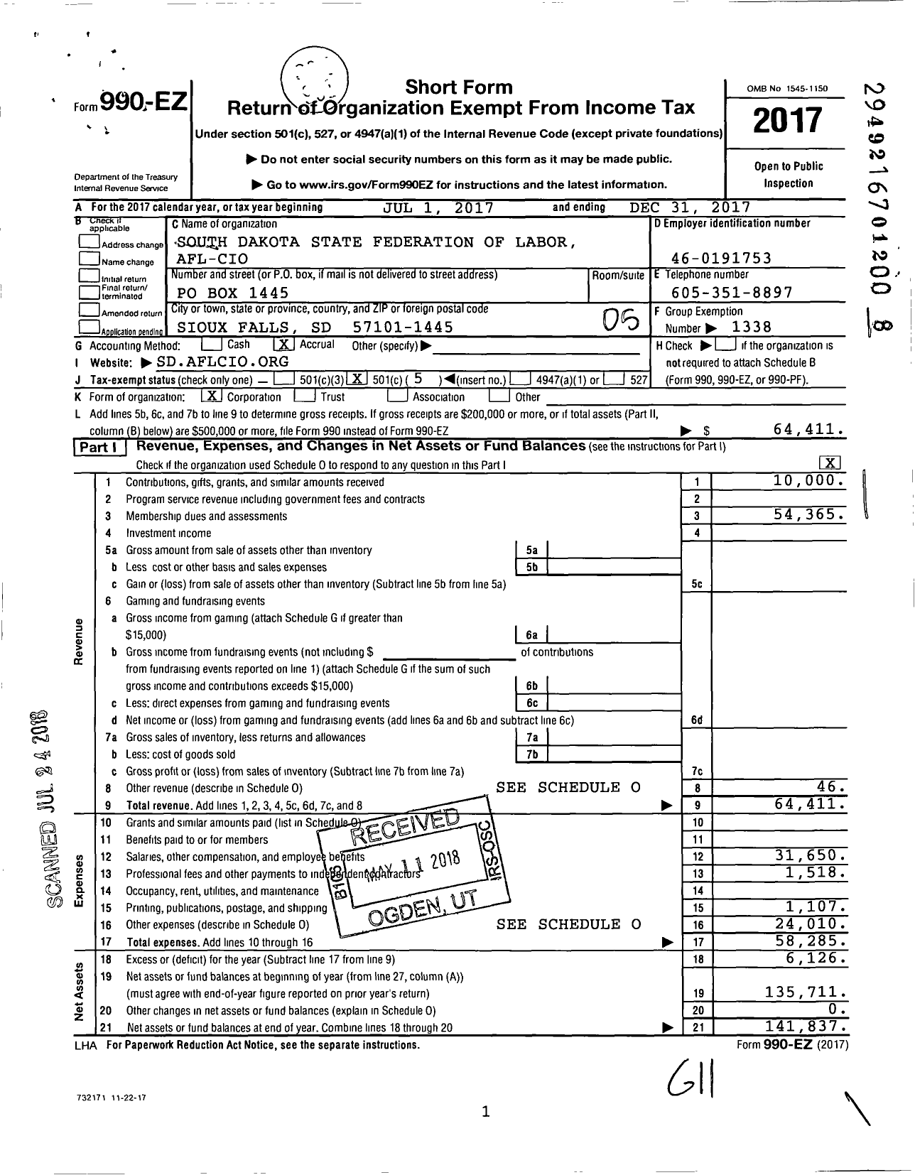 Image of first page of 2017 Form 990EO for AFL-CIO - South Dakota AFL-CIO