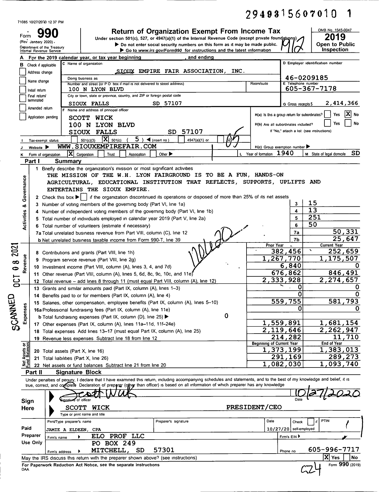 Image of first page of 2019 Form 990O for Sioux Empire Fair Association