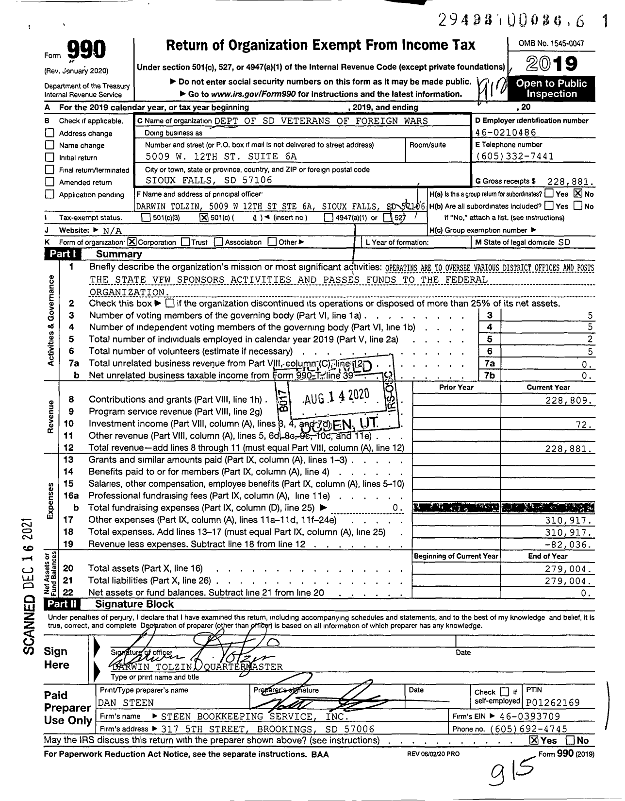 Image of first page of 2019 Form 990O for VFW Department of South Dakota