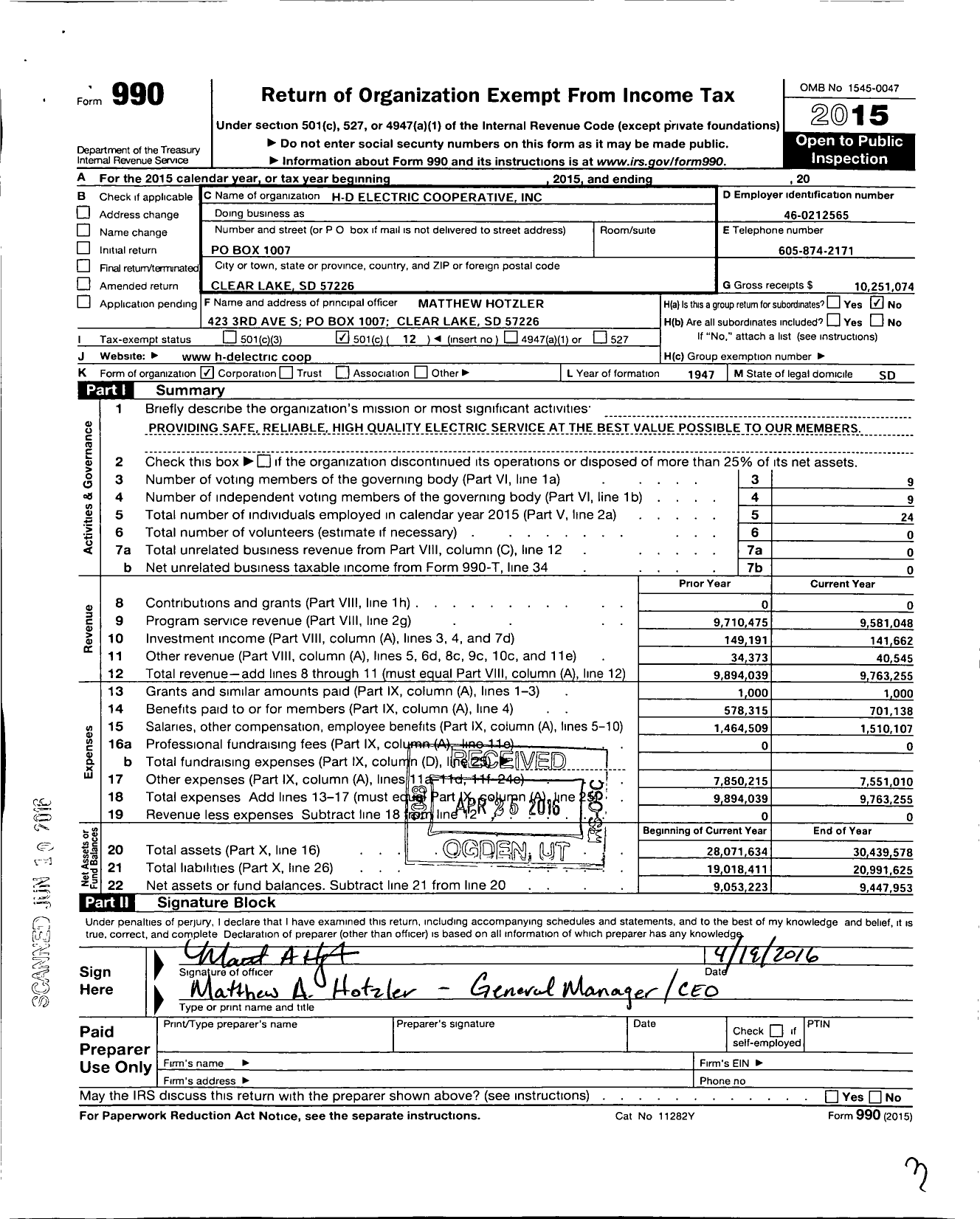 Image of first page of 2015 Form 990O for H-D Electric Cooperative