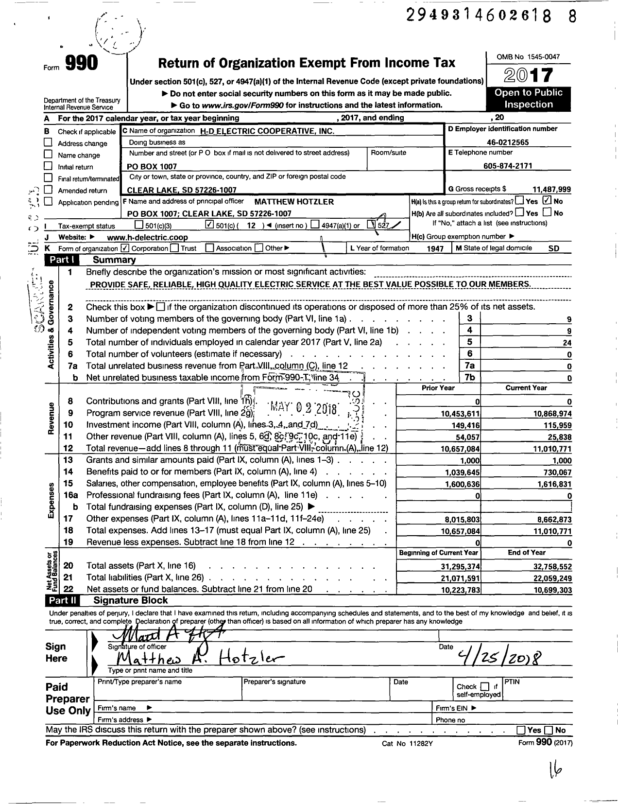 Image of first page of 2017 Form 990O for H-D Electric Cooperative