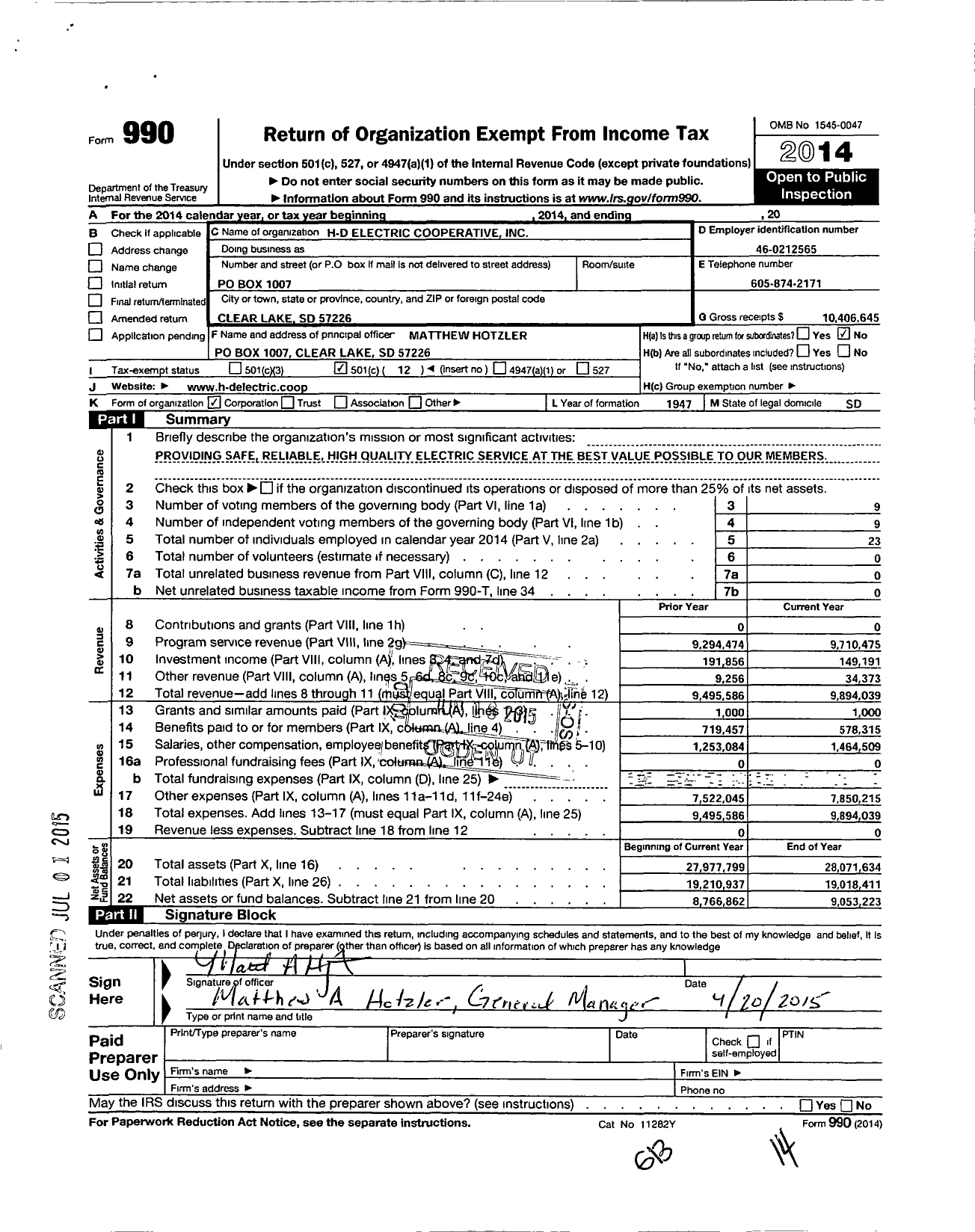 Image of first page of 2014 Form 990O for H-D Electric Cooperative
