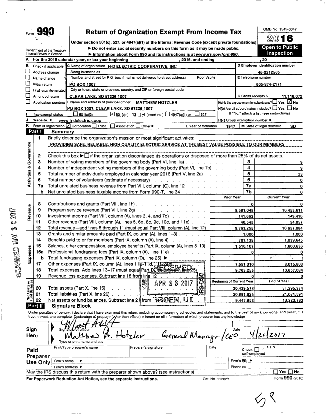 Image of first page of 2016 Form 990O for H-D Electric Cooperative