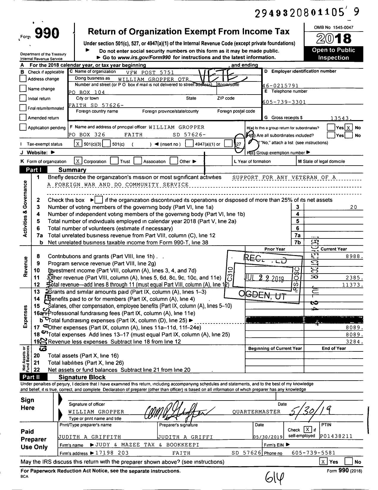 Image of first page of 2018 Form 990 for Veterans of Foreign Wars of the U S Department of South Dakota 5751 - 5751 Faith Post VFW SD