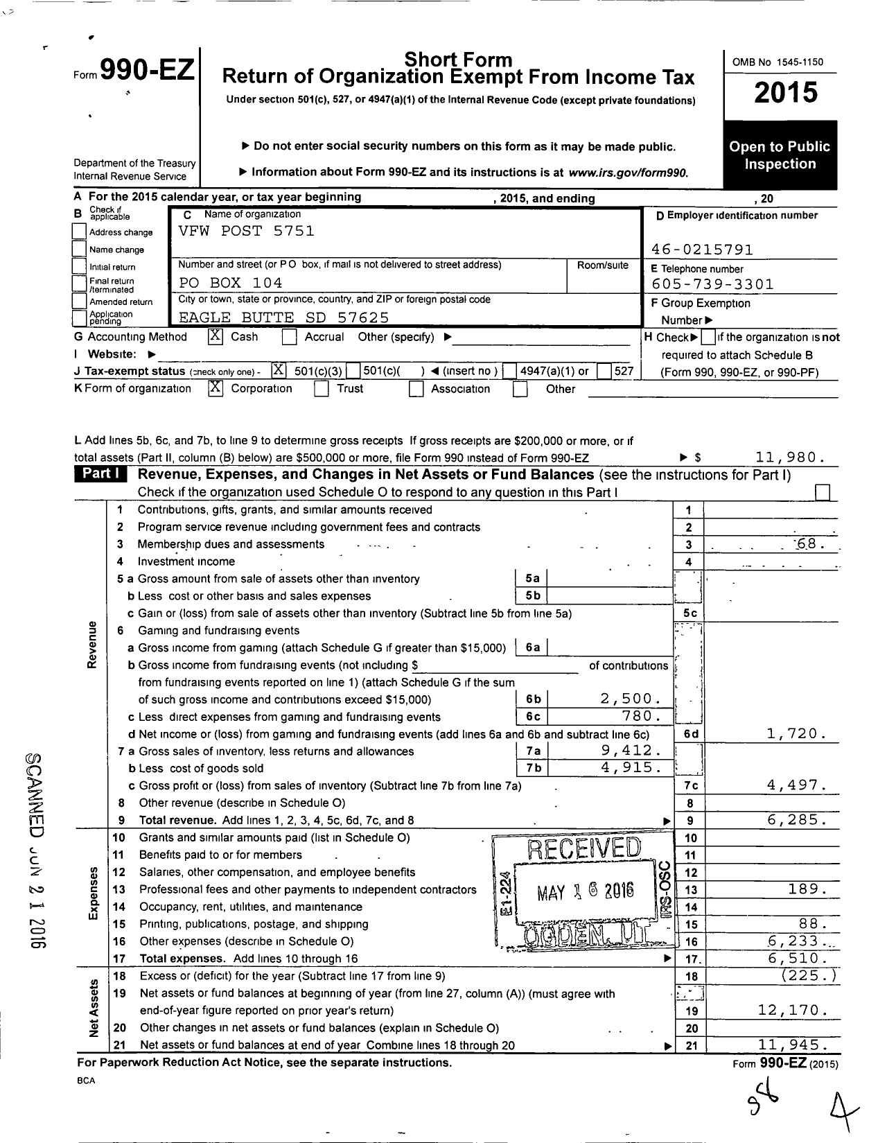 Image of first page of 2015 Form 990EZ for Veterans of Foreign Wars of the U S Department of South Dakota 5751 - 5751 Faith Post VFW SD