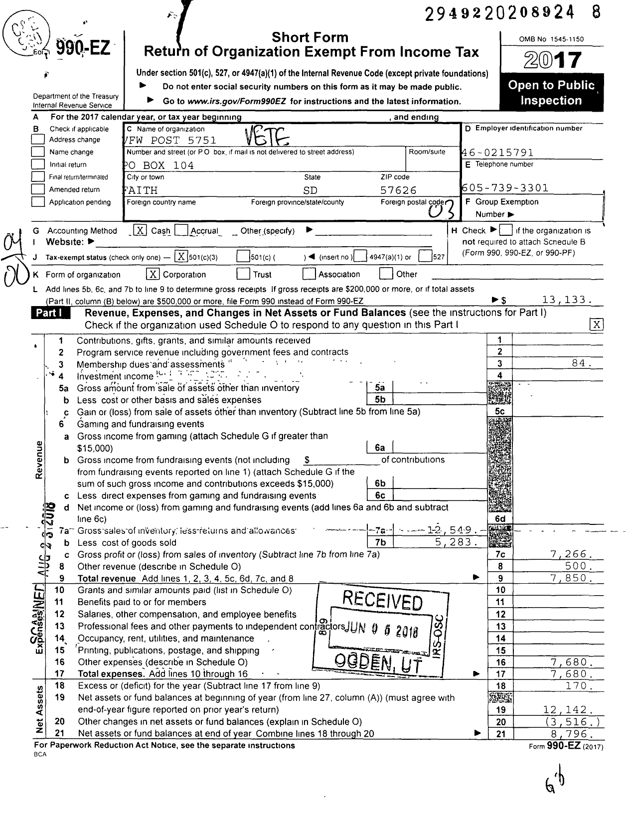 Image of first page of 2017 Form 990EZ for Veterans of Foreign Wars of the U S Department of South Dakota 5751 - 5751 Faith Post VFW SD