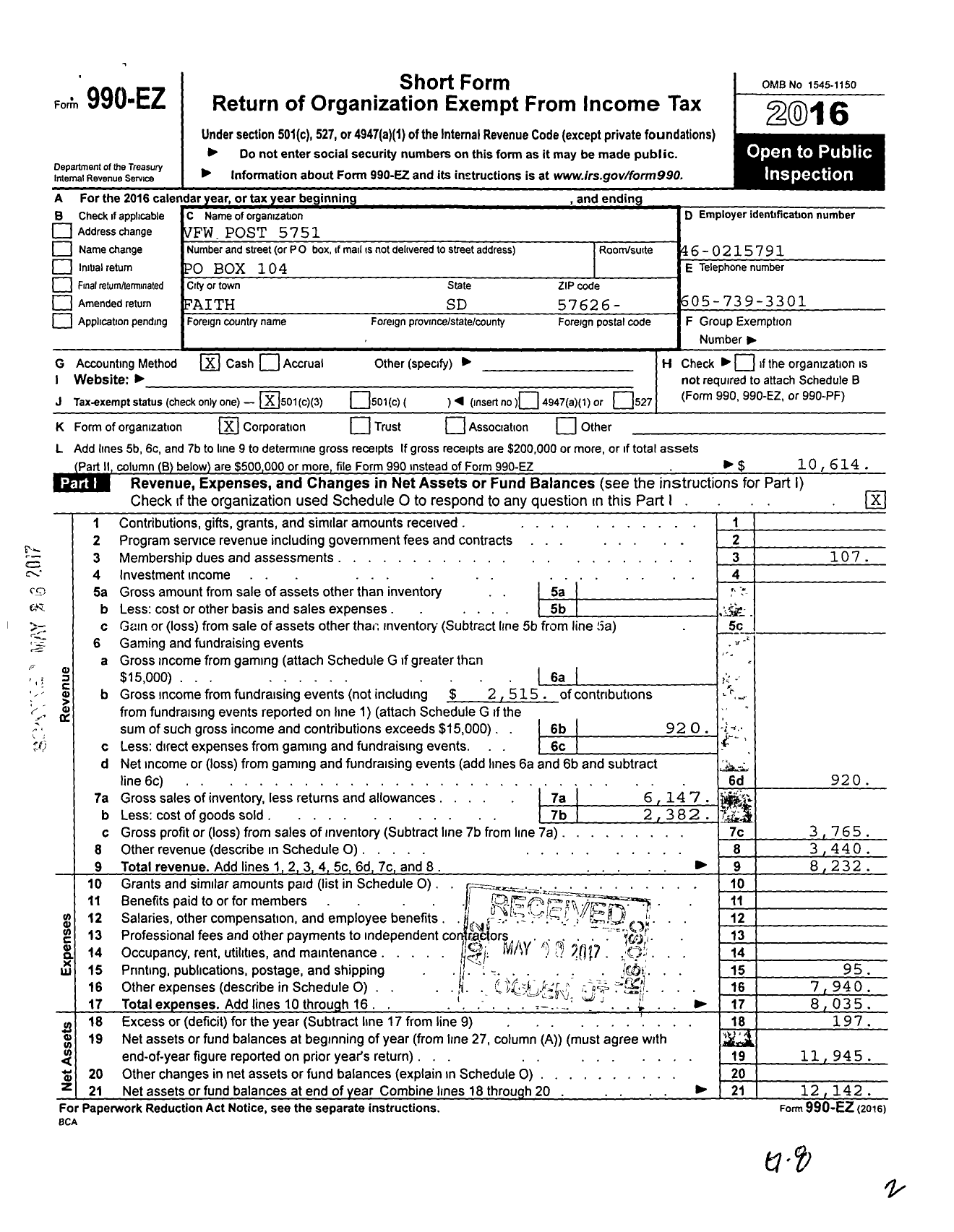 Image of first page of 2016 Form 990EZ for Veterans of Foreign Wars of the U S Department of South Dakota 5751 - 5751 Faith Post VFW SD