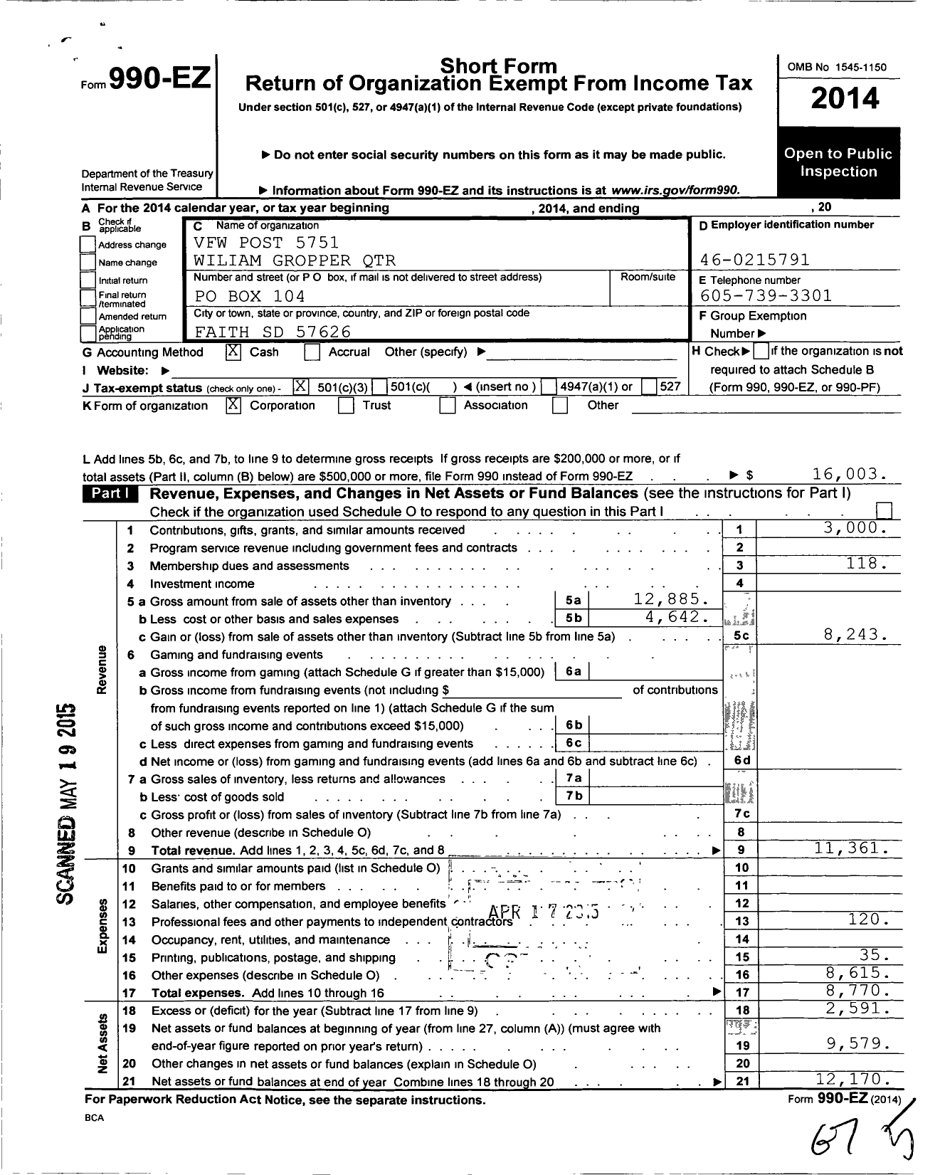 Image of first page of 2014 Form 990EZ for Veterans of Foreign Wars of the U S Department of South Dakota 5751 - 5751 Faith Post VFW SD