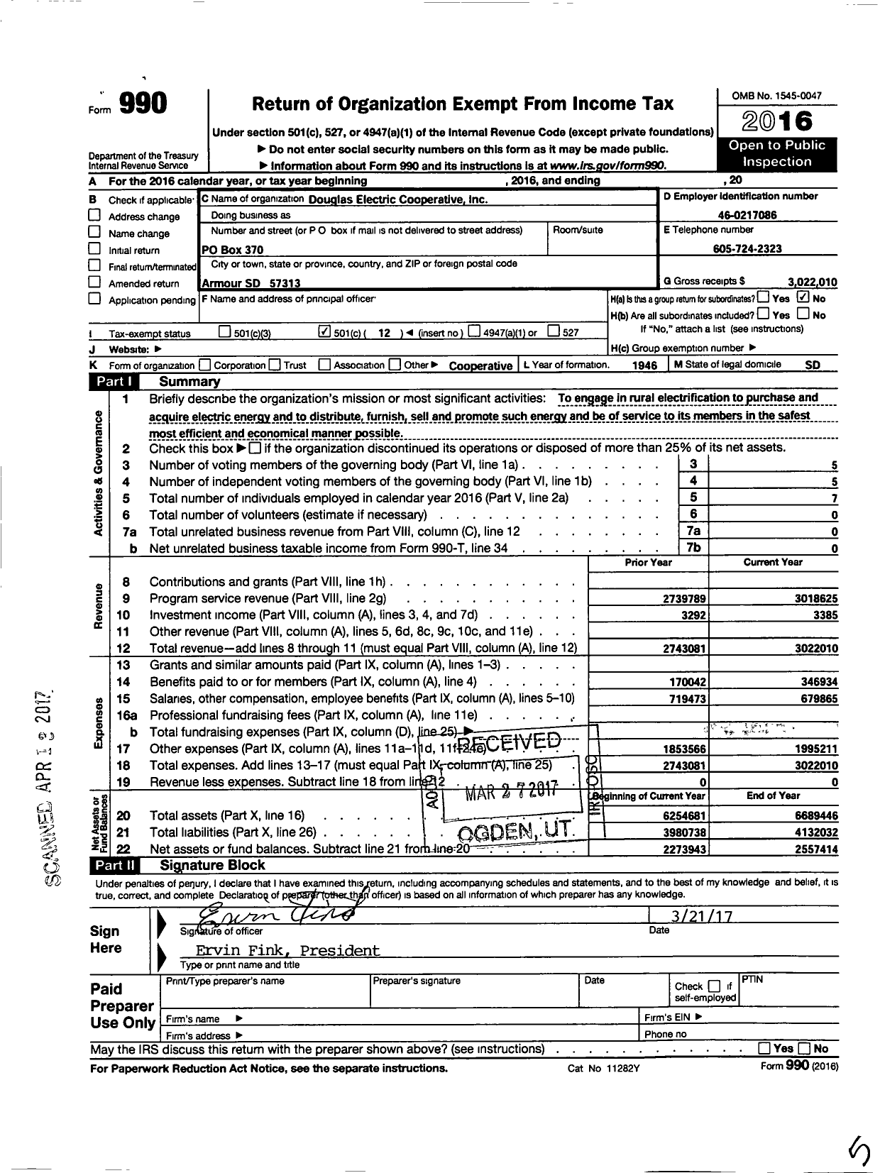 Image of first page of 2016 Form 990O for Douglas Electric Cooperative