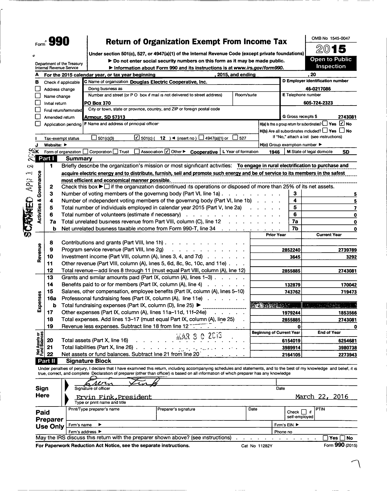 Image of first page of 2015 Form 990O for Douglas Electric Cooperative