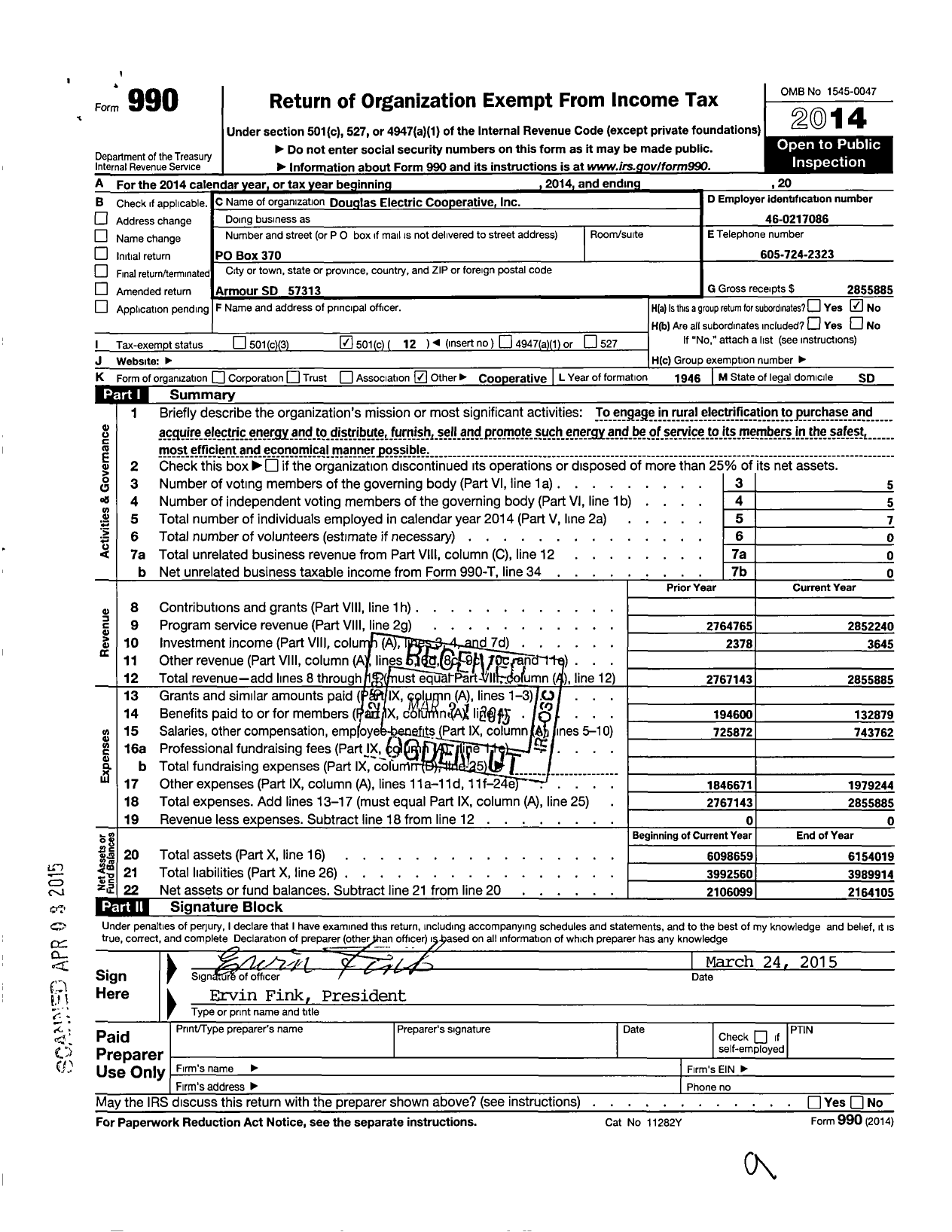 Image of first page of 2014 Form 990O for Douglas Electric Cooperative