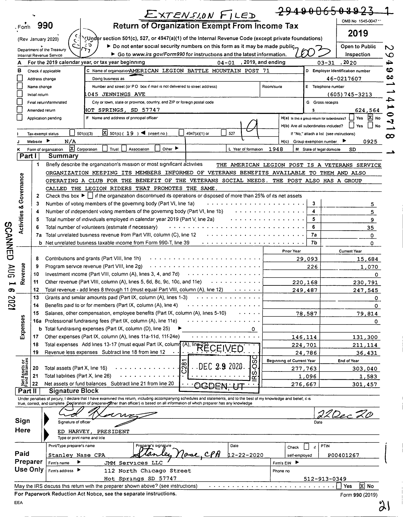 Image of first page of 2019 Form 990O for American Legion Battle Mountain Post 71