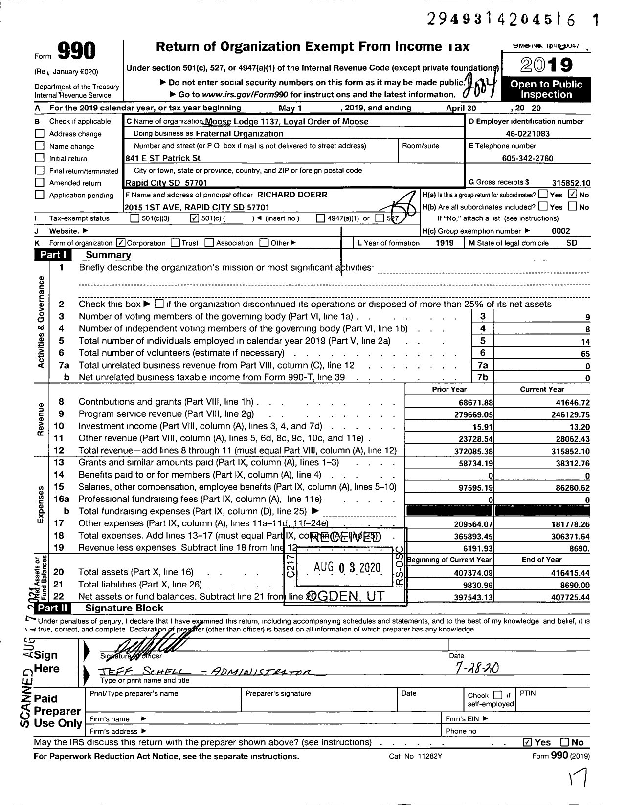 Image of first page of 2019 Form 990O for Loyal Order of Moose - Fraternal Organization / Fraternal Organization