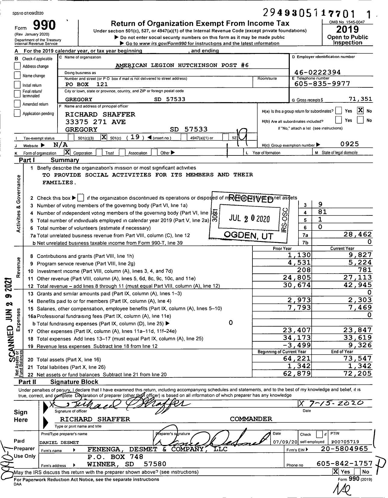 Image of first page of 2019 Form 990O for American Legion - 0006 Hutchison