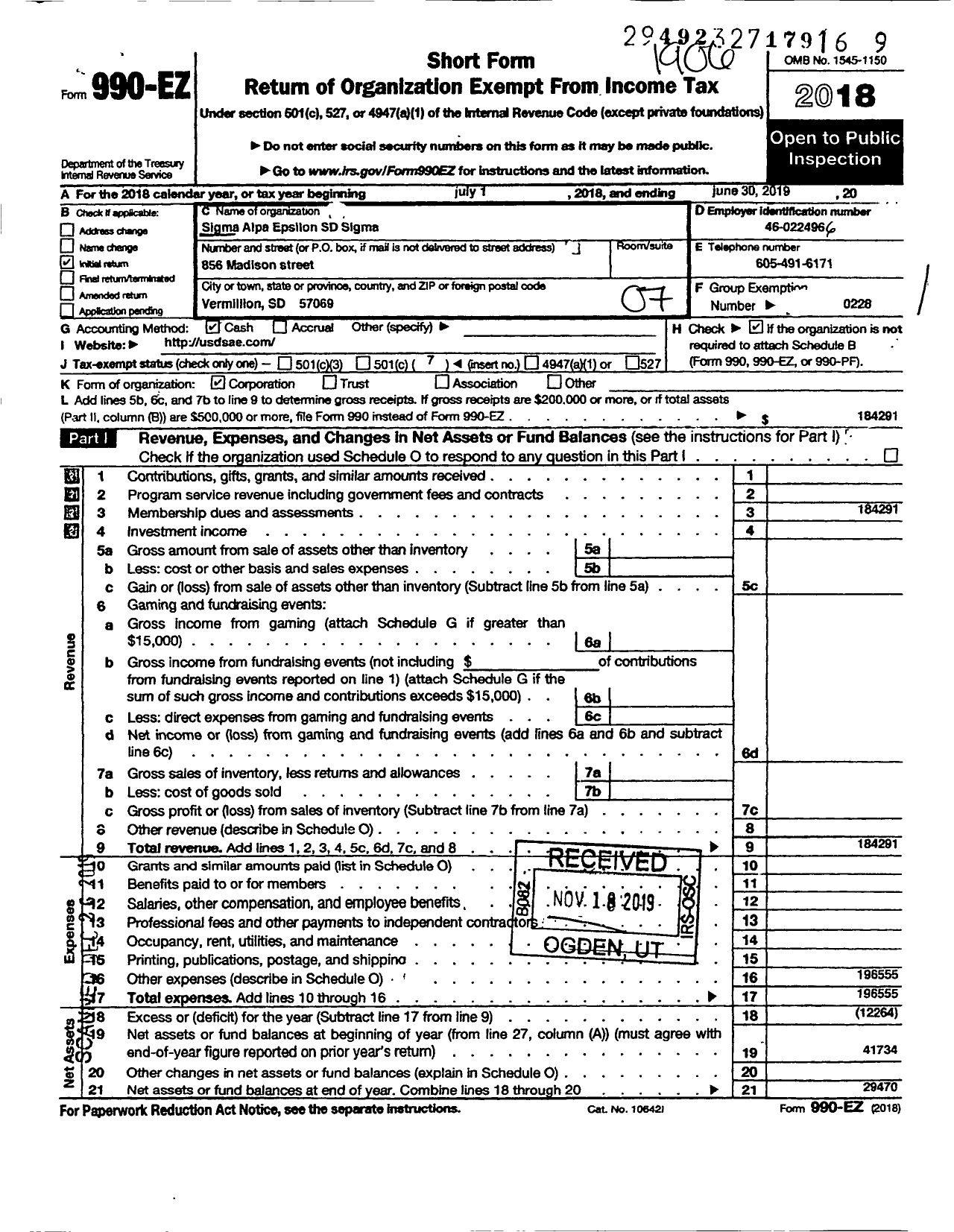 Image of first page of 2018 Form 990EO for Sigma Alpha Epsilon SD Sigma