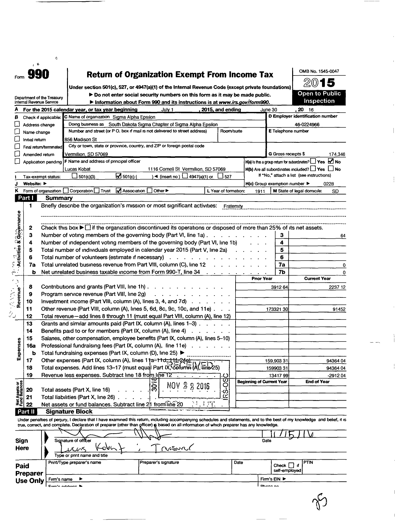 Image of first page of 2015 Form 990O for Sigma Alpha Epsilon SD Sigma