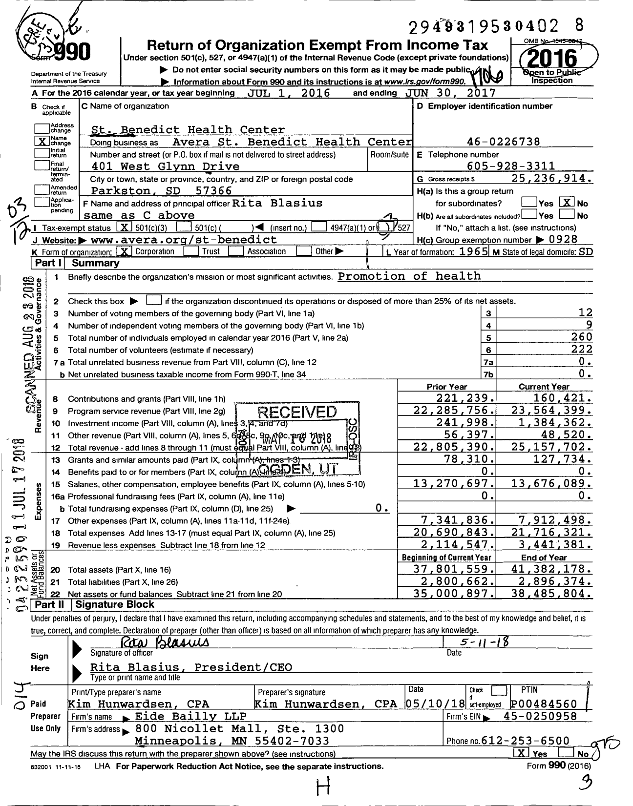 Image of first page of 2016 Form 990 for Avera St Benedict Health Center