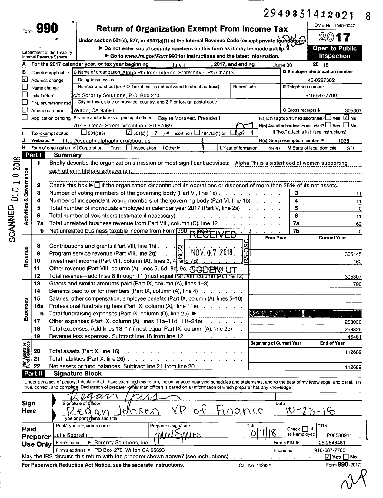 Image of first page of 2017 Form 990O for Alpha Phi - Psi Chapter - Univ of South Dakota