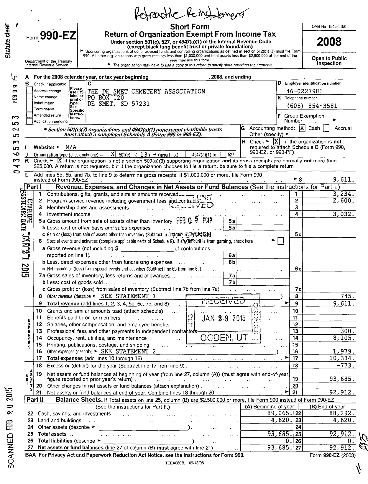 Image of first page of 2008 Form 990EO for De Smet Cemetery Association