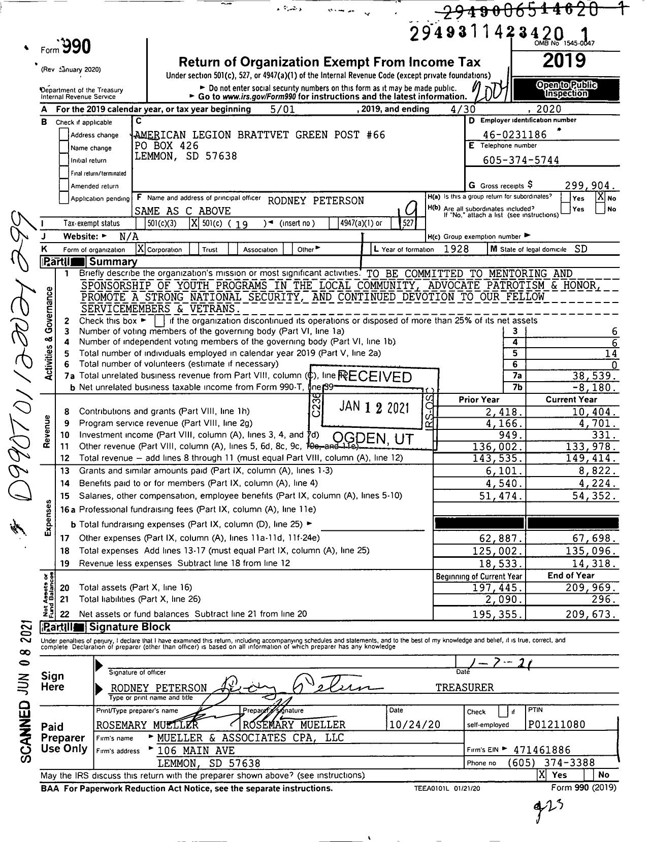 Image of first page of 2019 Form 990O for American Legion - 0066 Brattvet-Green