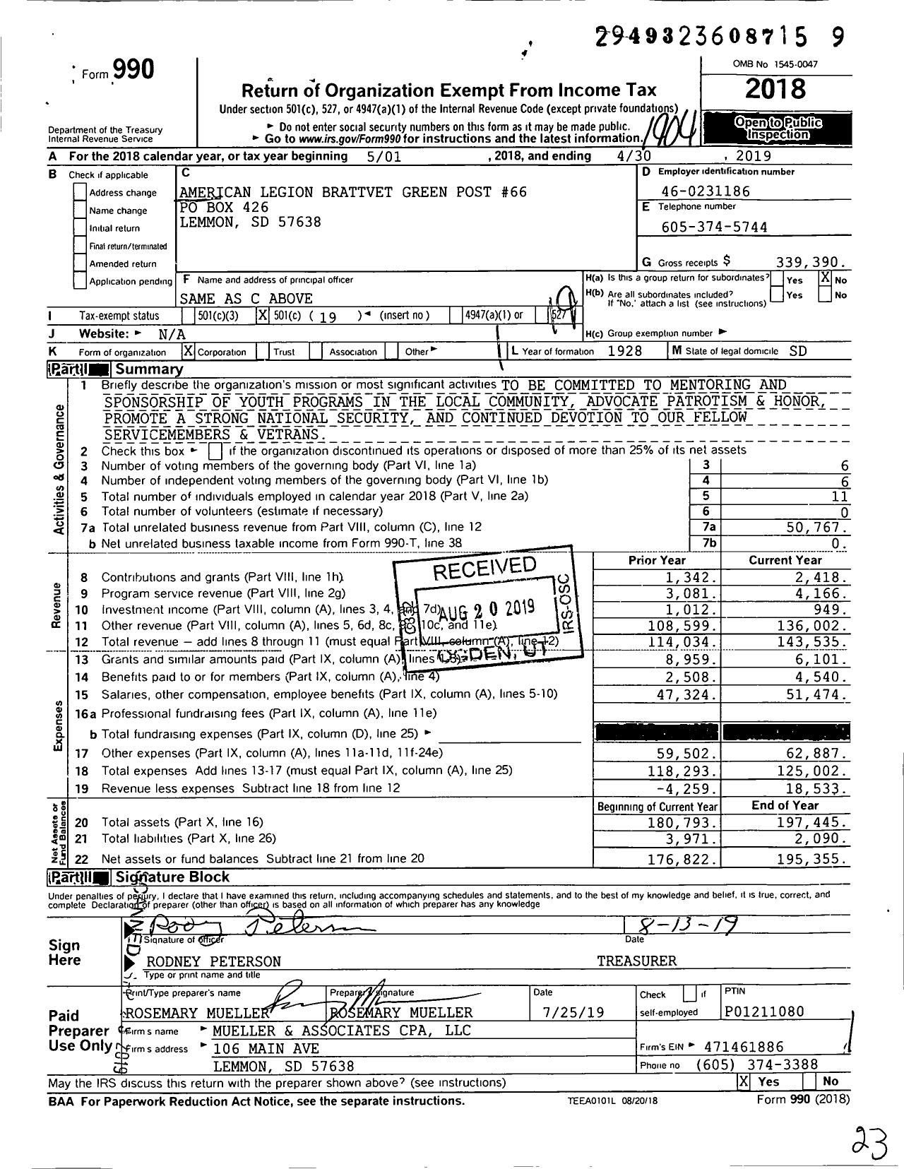 Image of first page of 2018 Form 990O for American Legion - 0066 Brattvet-Green