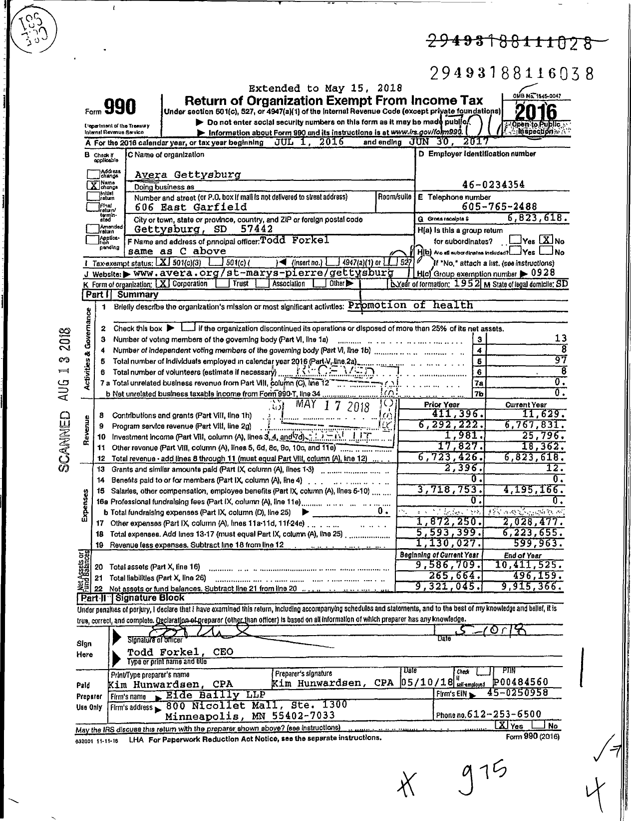 Image of first page of 2016 Form 990 for Avera Missouri River Health Center