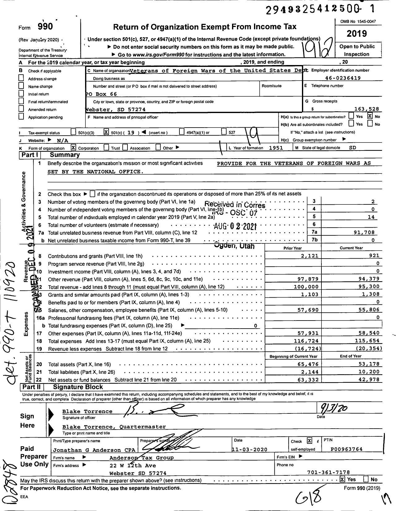 Image of first page of 2019 Form 990O for Veterans of Foreign Wars of the United States Dept - 4690 Webster VFW SD