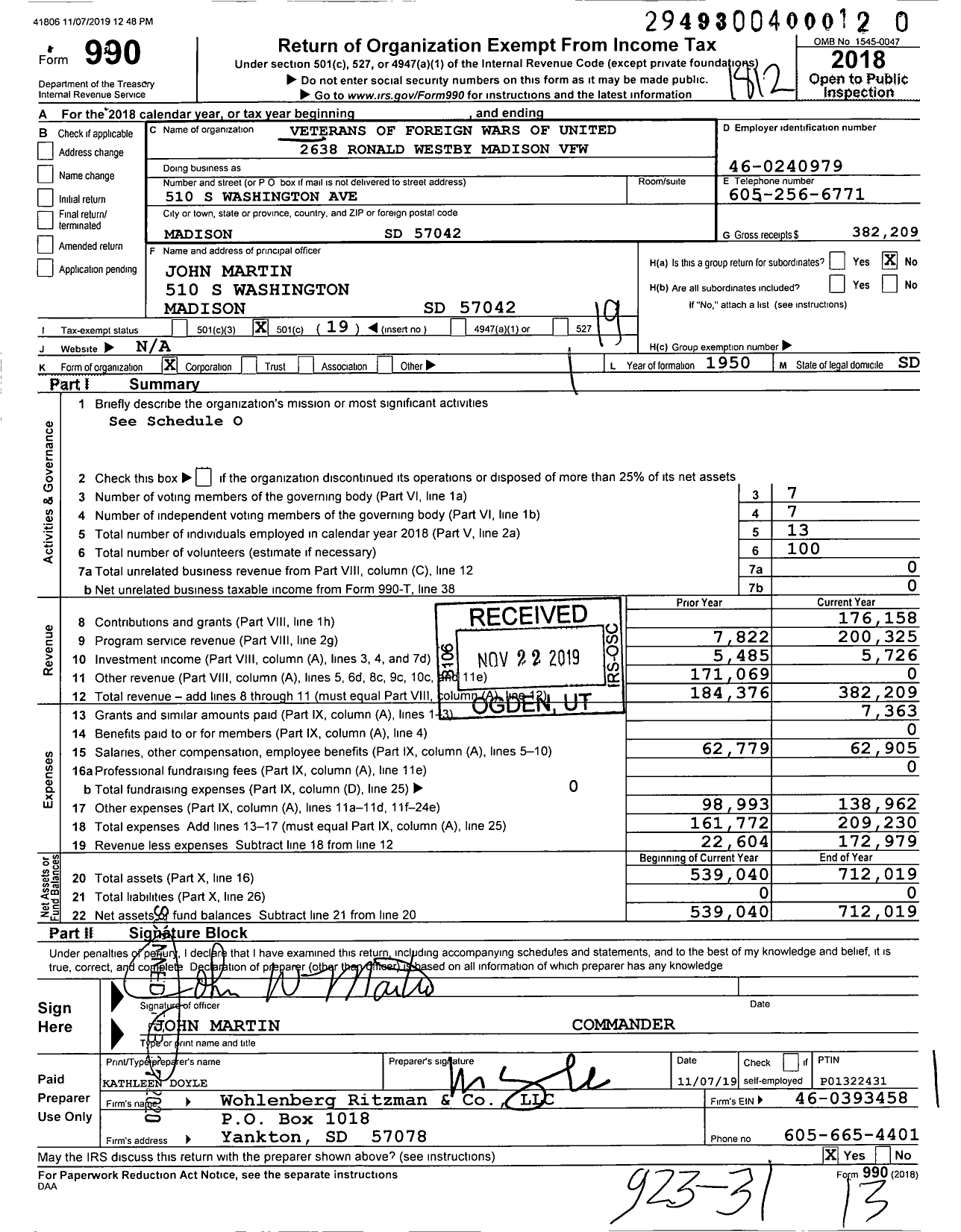 Image of first page of 2018 Form 990O for Veterans of Foreign Wars of United States Department of South Dakota - 2638 Ronald Westby 64 Madison VFW S